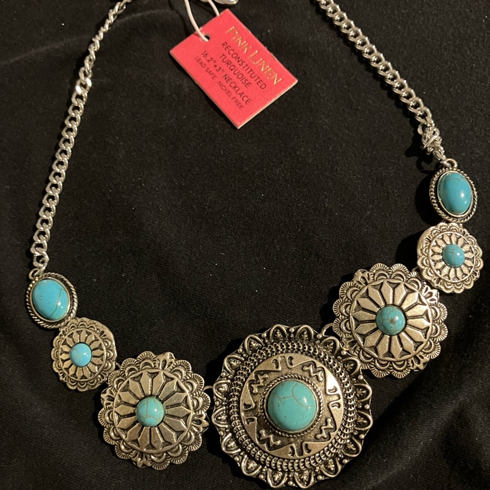 Pink Linen Reconstituted Turquoise and Silver Statement Necklace